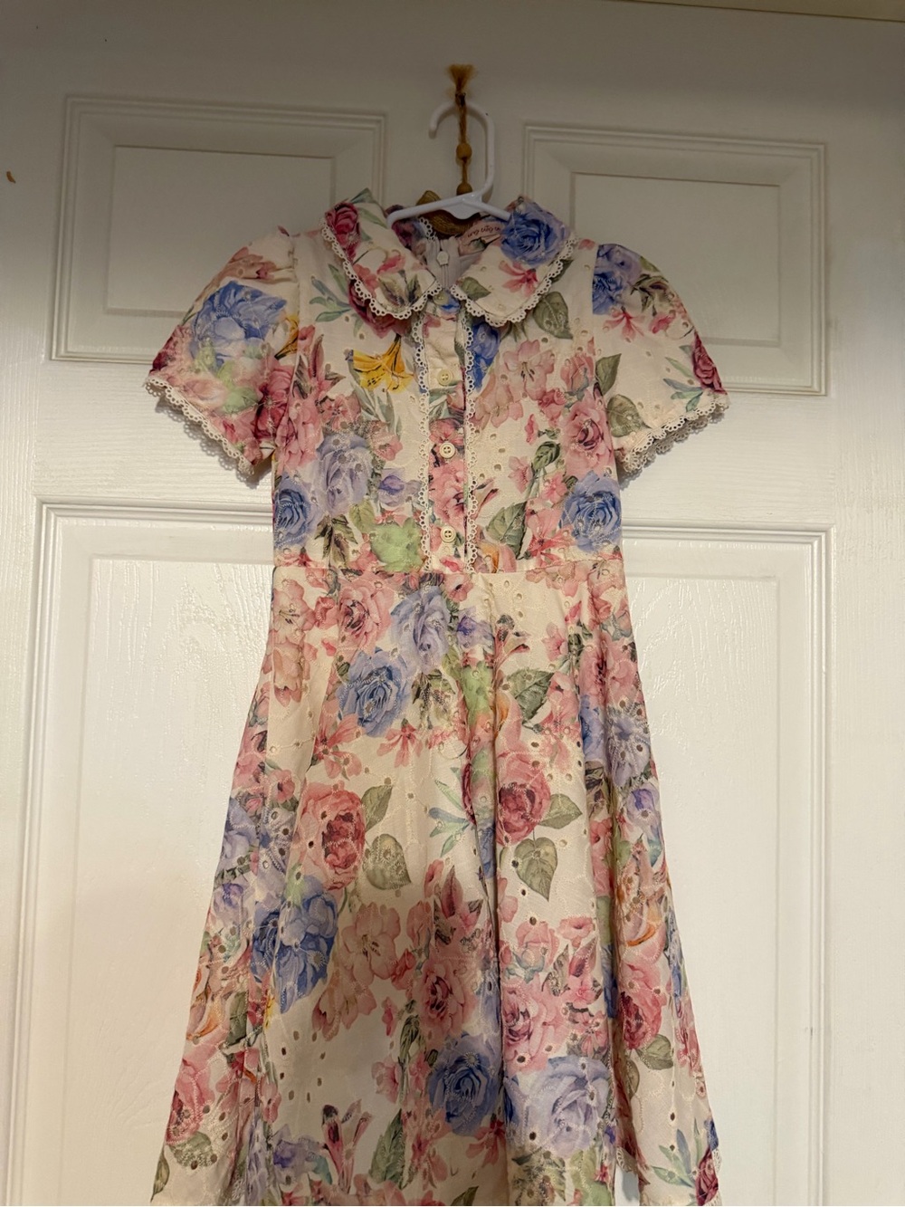 Girls Floral Eyelet Dress with Peter Pan Collar - Multicolor vintage 05